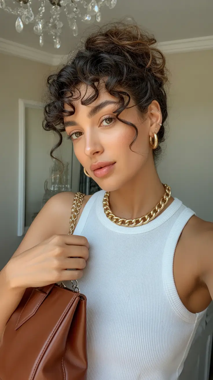 Cute curly hairstyles for women 2026 Baddie Curly Bun With Gold Accent Energy