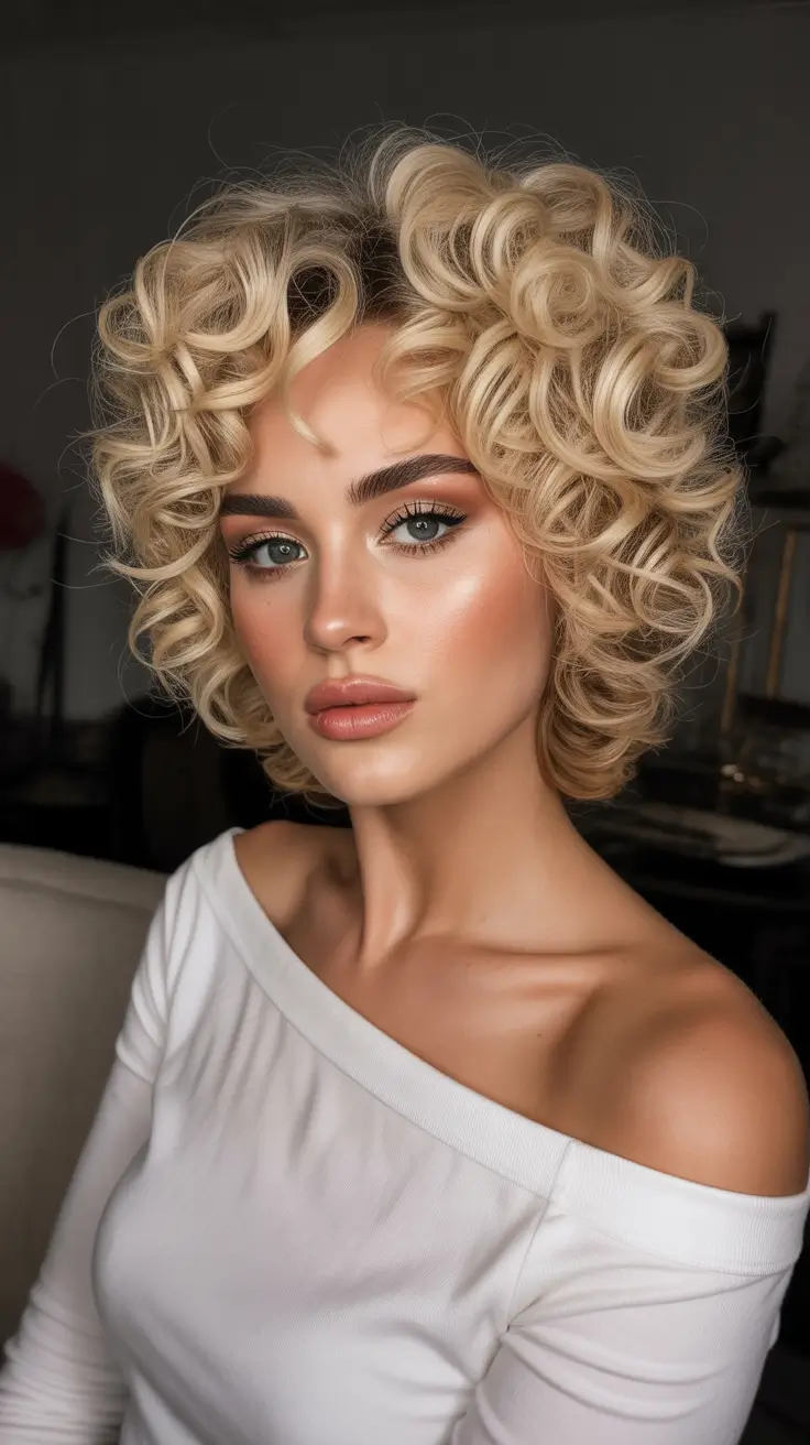 Cute curly hairstyles for women 2026 Structured Blonde Curly Bob With Baddie Energy