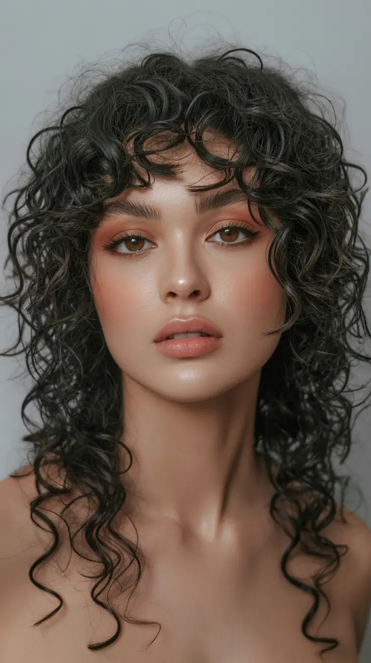 Cute curly hairstyles for women 2026 Glossy Dark Curls With Sculpted Fringe