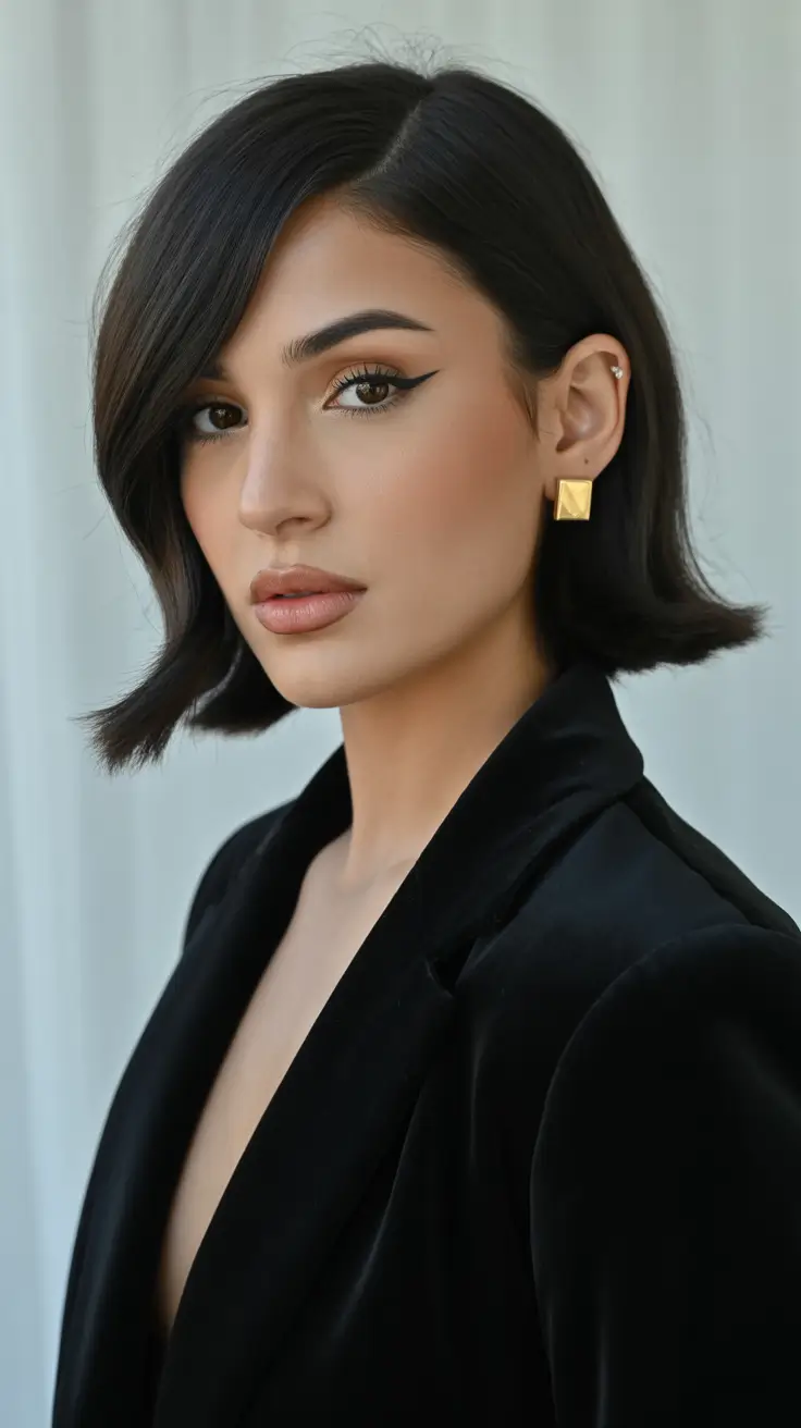 cute hairstyle ideas Sharp Side-Parted Short Bob with a Polished Finish