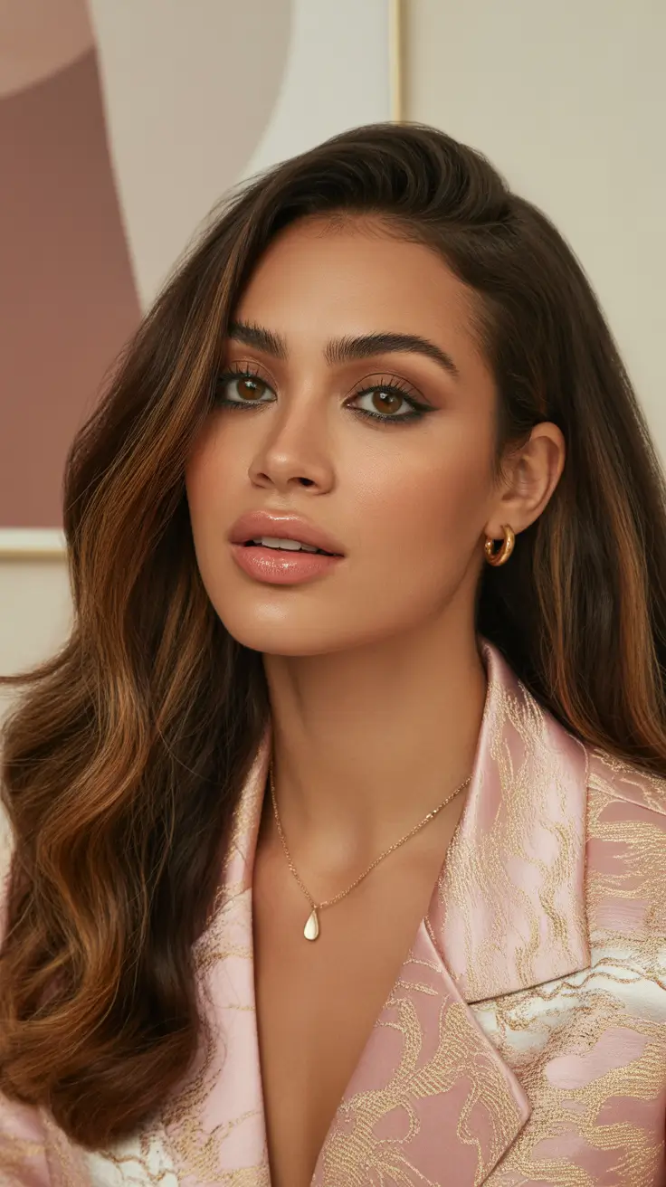 cute hairstyle ideas Warm Brunette Waves with a Side Sweep