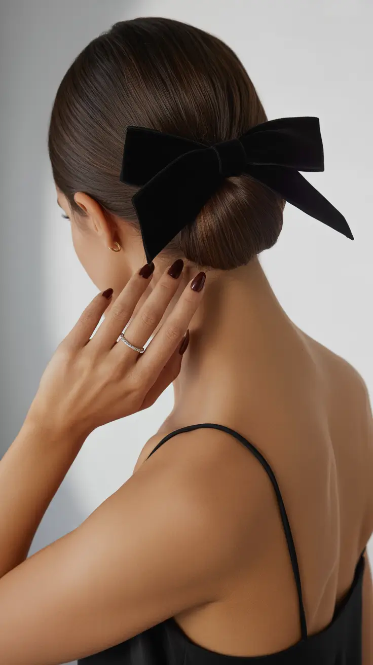 cute hairstyle ideas Sleek Low Bun with a Statement Bow
