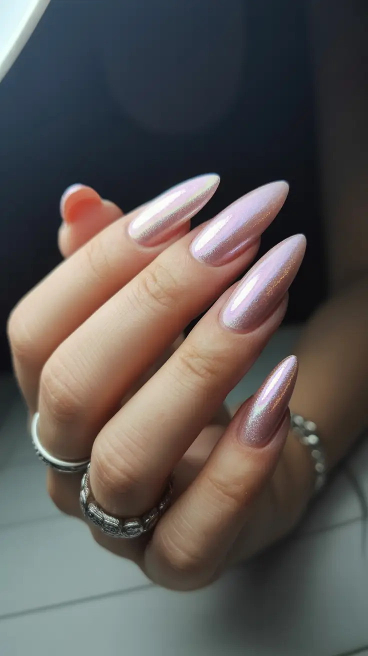 cute nails aesthetic 2026 Iridescent Pink Chrome Almond Nails