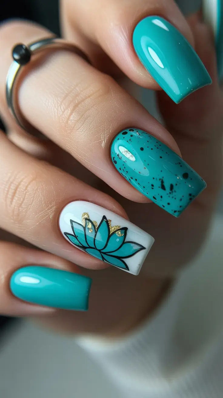 cute nails aesthetic 2026 Turquoise Floral Accent Nails