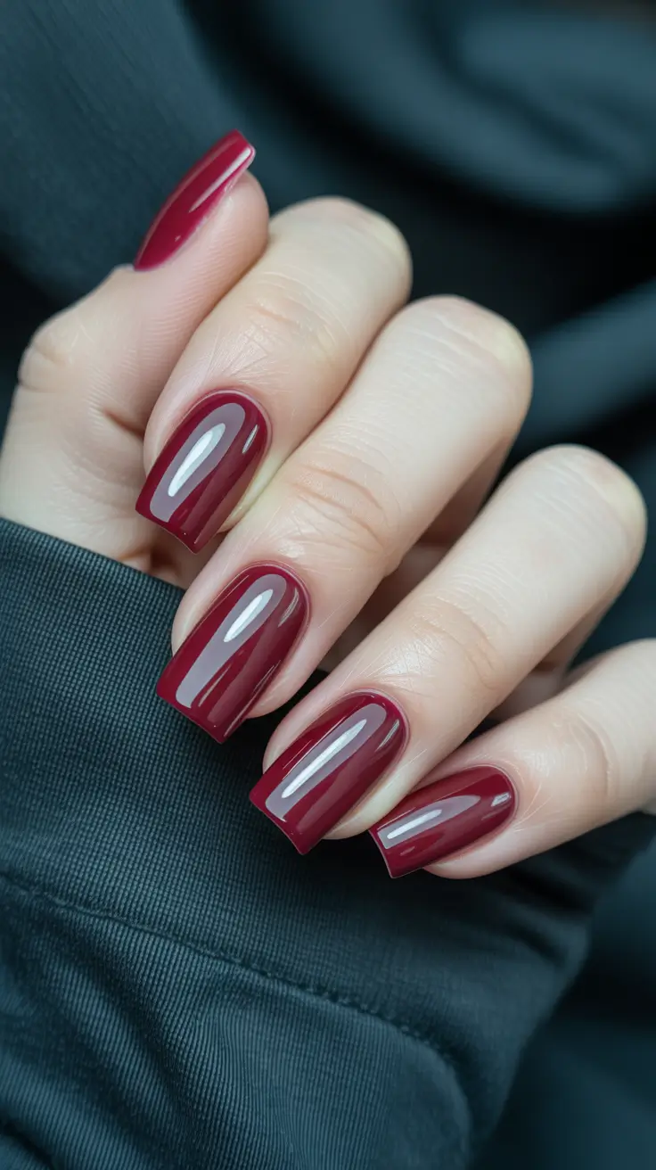 cute nails aesthetic 2026 Glossy Burgundy Square Nails