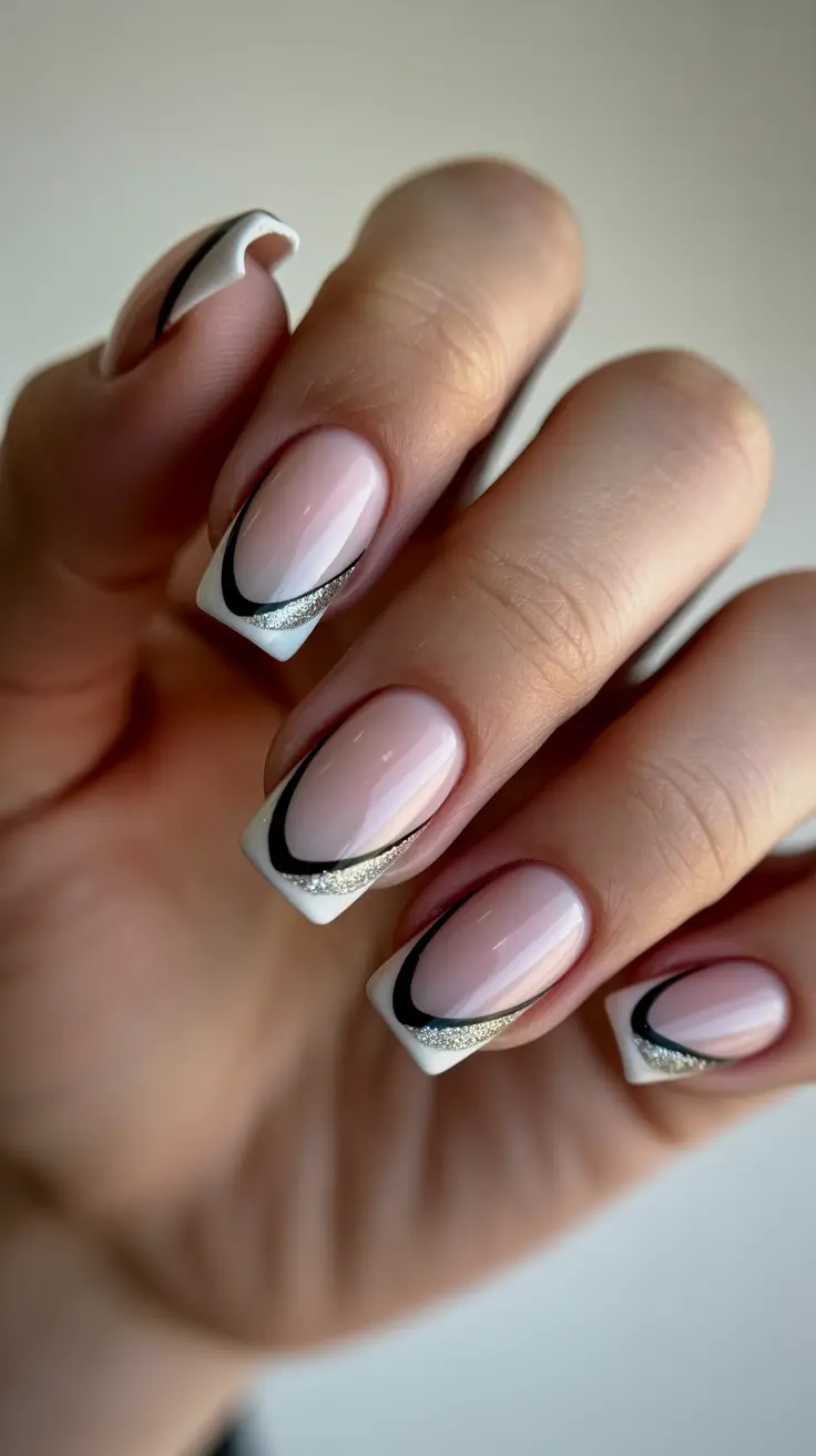 cute nails aesthetic 2026 Monochrome Swirl French