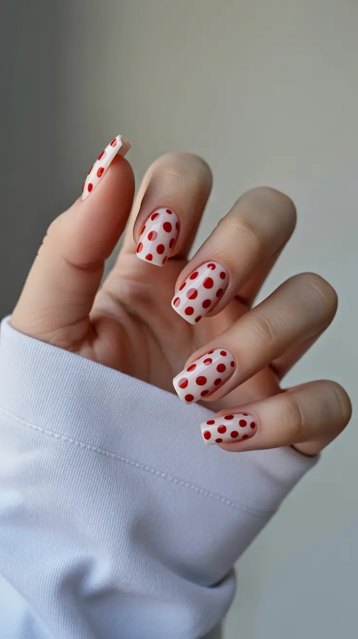 cute nails aesthetic 2026 Retro Red Polka Dots