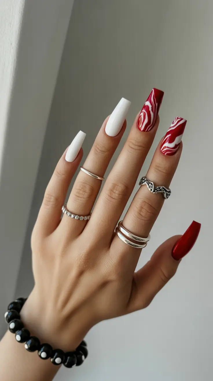 cute nails aesthetic 2026 Red and White Modern Swirl Nails