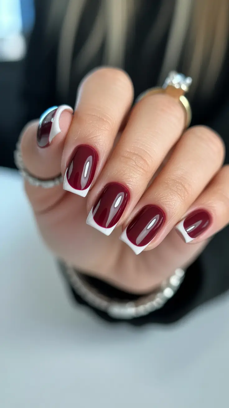 dark burgundy nails 2026 Square Bordeaux with Frosted White Tips