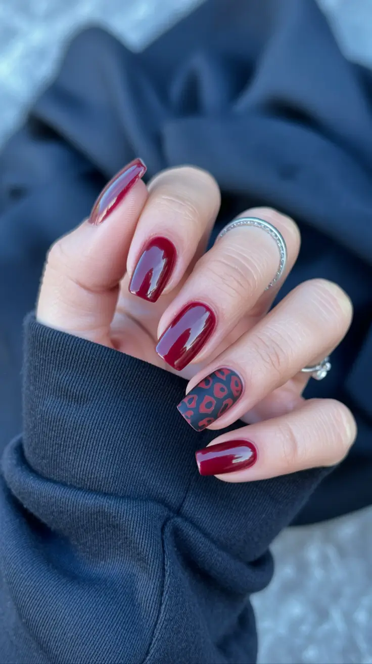 dark burgundy nails 2026 Leopard Accent with Deep Burgundy Square