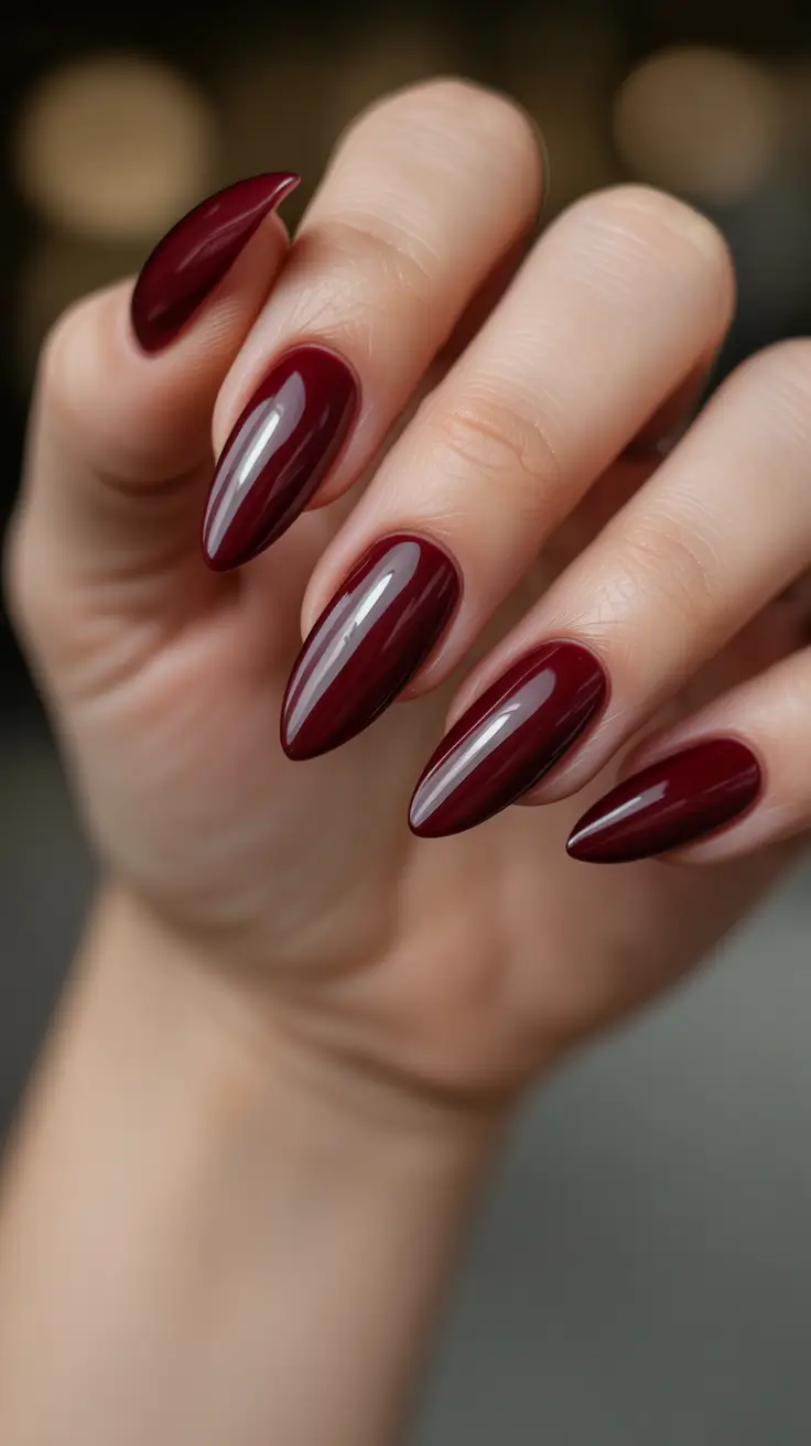 dark burgundy nails 2026 Classic Almond Merlot Gloss