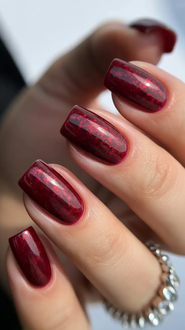 dark burgundy nails 2026 Crimson Flake Square Glow