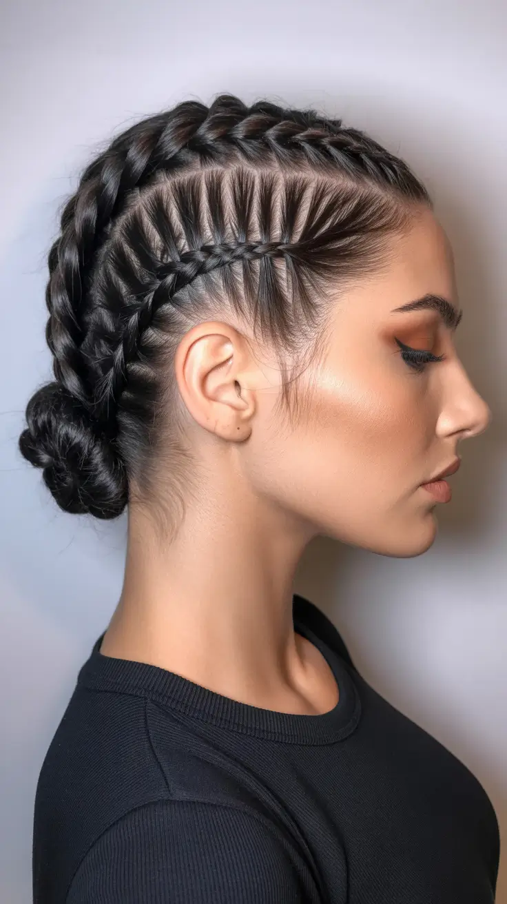 Easy braided hairstyles 2026 Layered Cornrow Design Ending in a Low Braided Bun