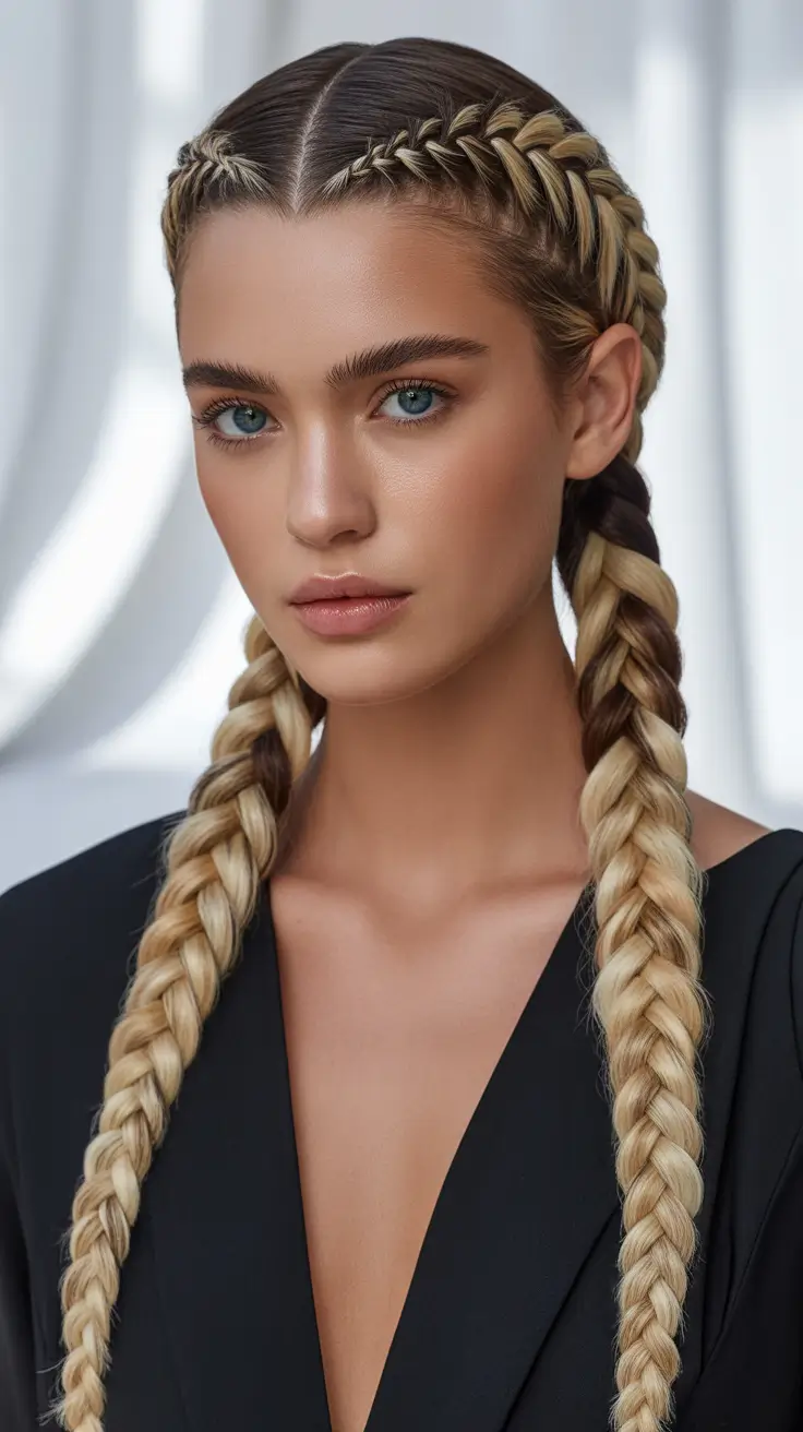Easy braided hairstyles 2026 Classic Long Dutch Braids With Bold Contrast