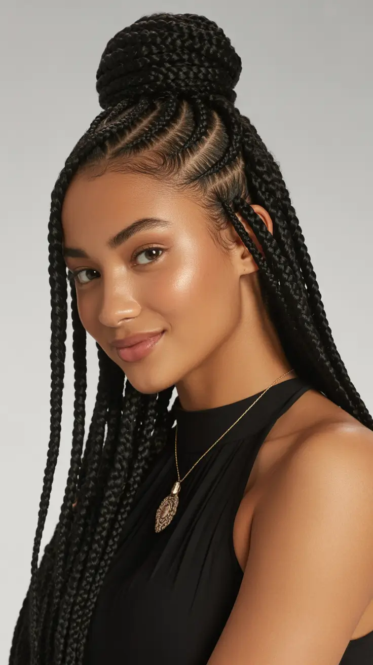 Easy braided hairstyles 2026 Half-Up Braided Bun With Long Box-Inspired Lengths
