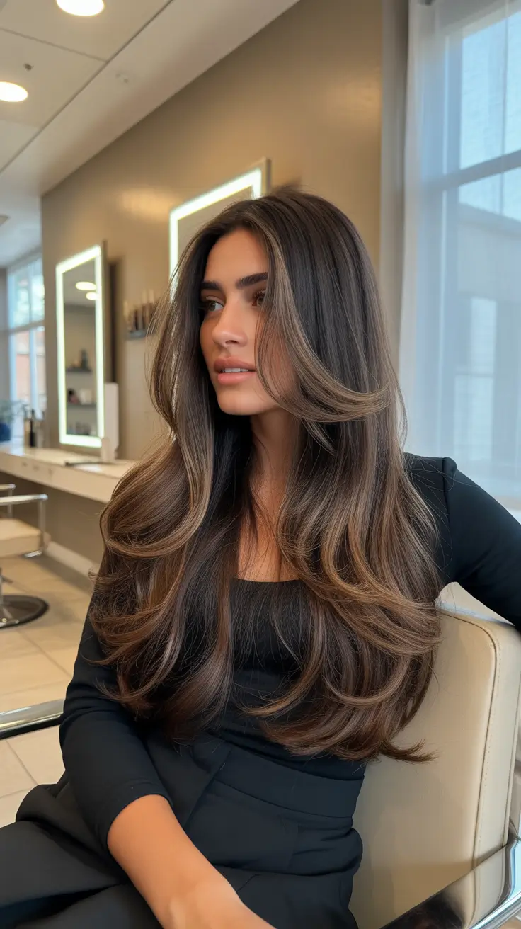 Haircut Ideas for Long Hair 2026 Rich Espresso Butterfly Cut