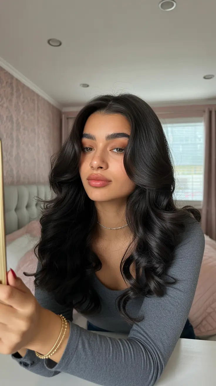 Haircut Ideas for Long Hair 2026 Glossy Black Side Fringe