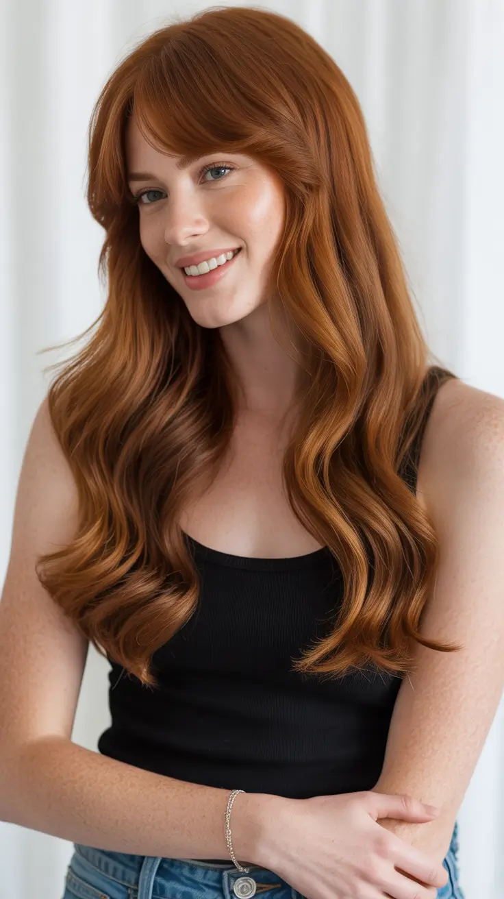 Haircut Ideas for Long Hair 2026 Copper Glow with Soft Bangs