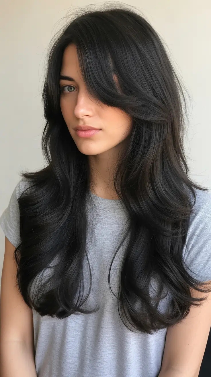 Haircut Ideas for Long Hair 2026 Jet Black Flow Layers