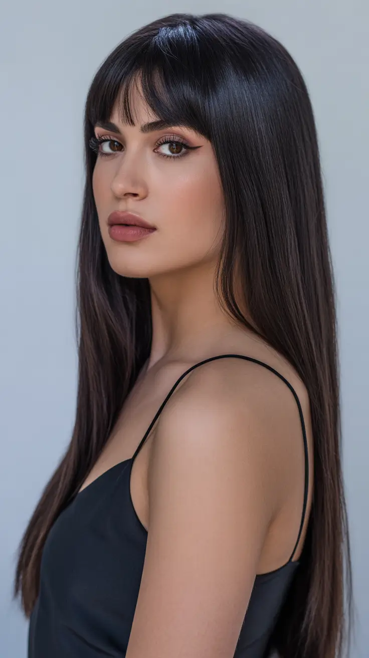 Haircut Ideas for Long Hair 2026 Midnight Shine with Bangs