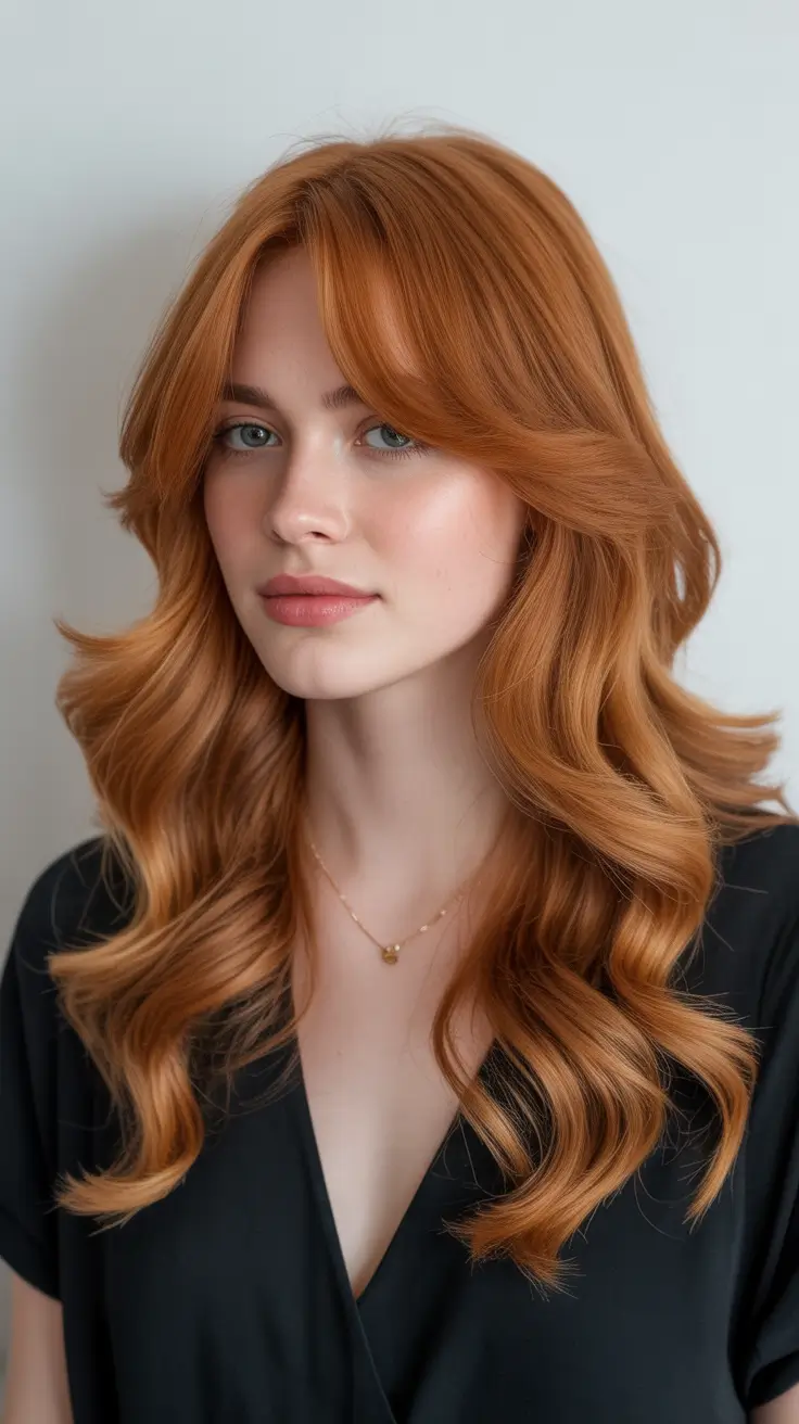 Haircut Ideas for Long Hair 2026 Copper Waves with Curtain Bangs
