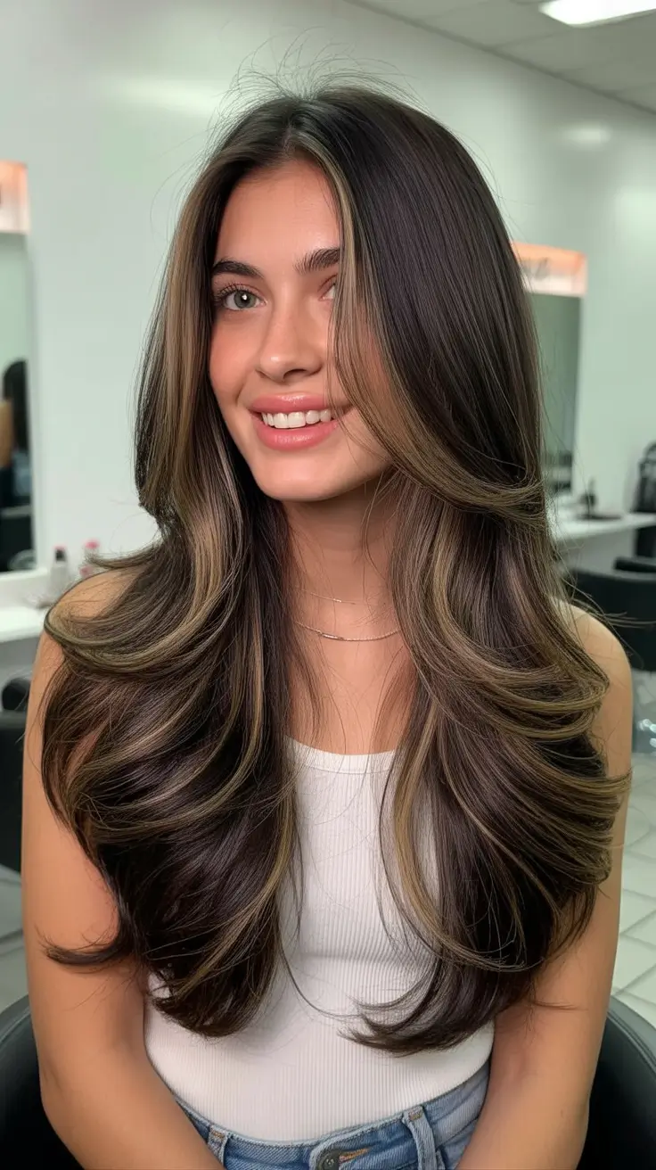 Haircut Ideas for Long Hair 2026 Chocolate Layers with Face Framing Highlights