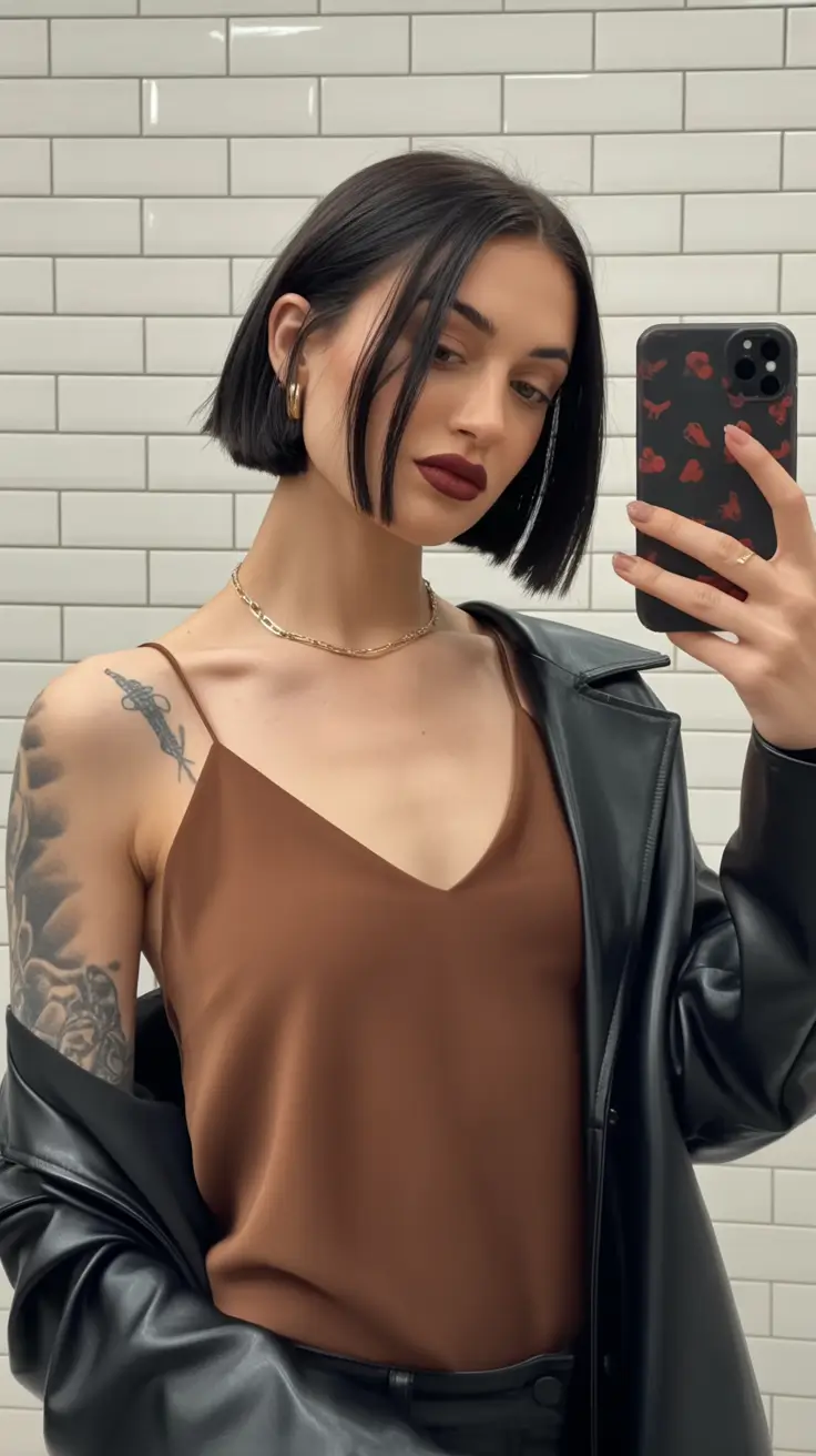 haircut ideas for thin fine hair 2026 Edgy Jet Black Bob with Precision Ends