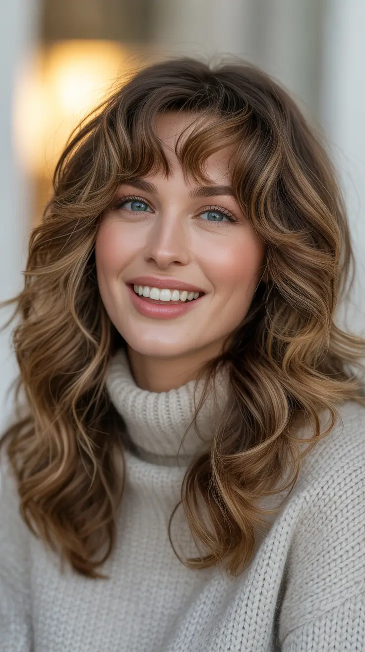 haircut ideas for thin fine hair 2026 Layered Caramel Waves with Fringe