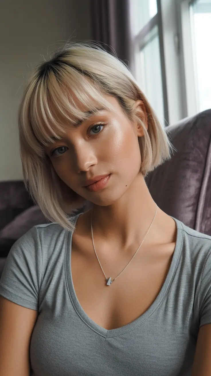 haircut ideas for thin fine hair 2026 Creamy Blonde Bob with Straight Bangs