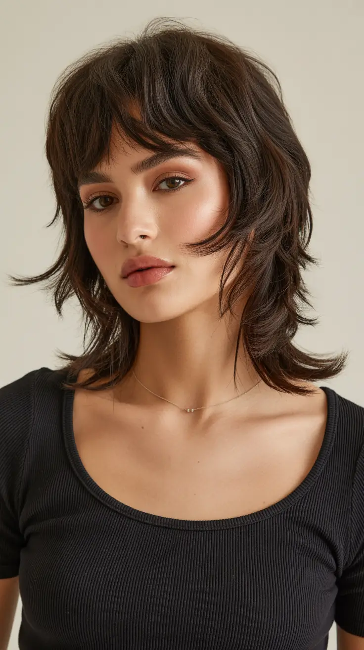 haircut ideas for thin fine hair 2026 Layered Brunette Shag with Movement