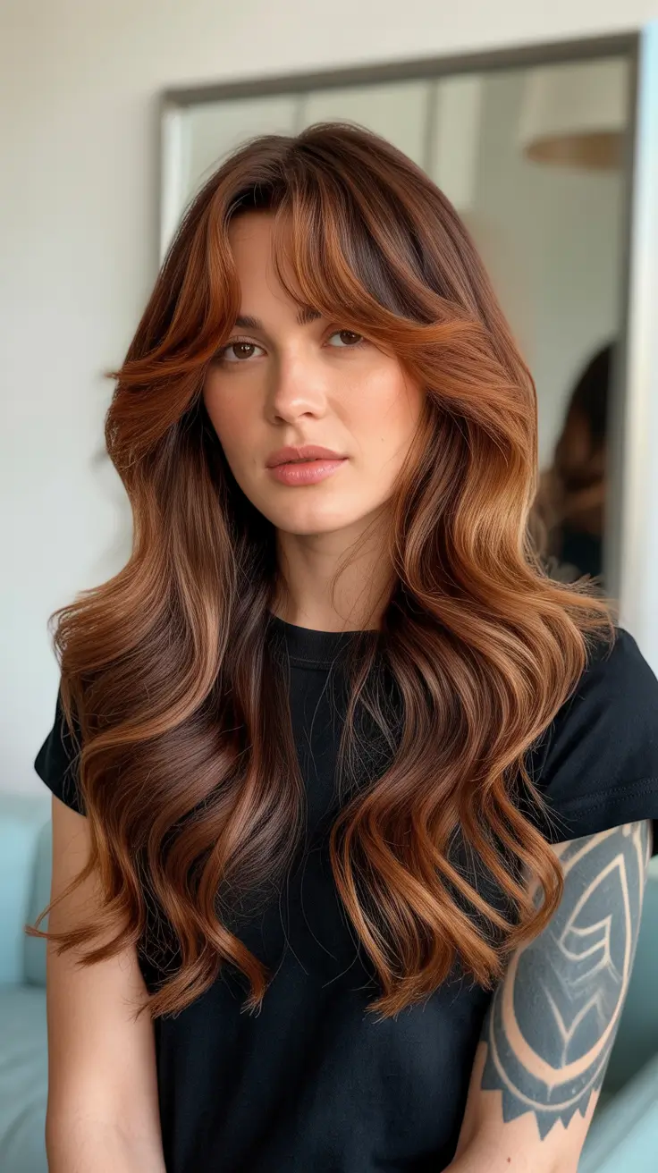 haircut ideas for thin fine hair 2026 Long Copper Waves with Curtain Bangs