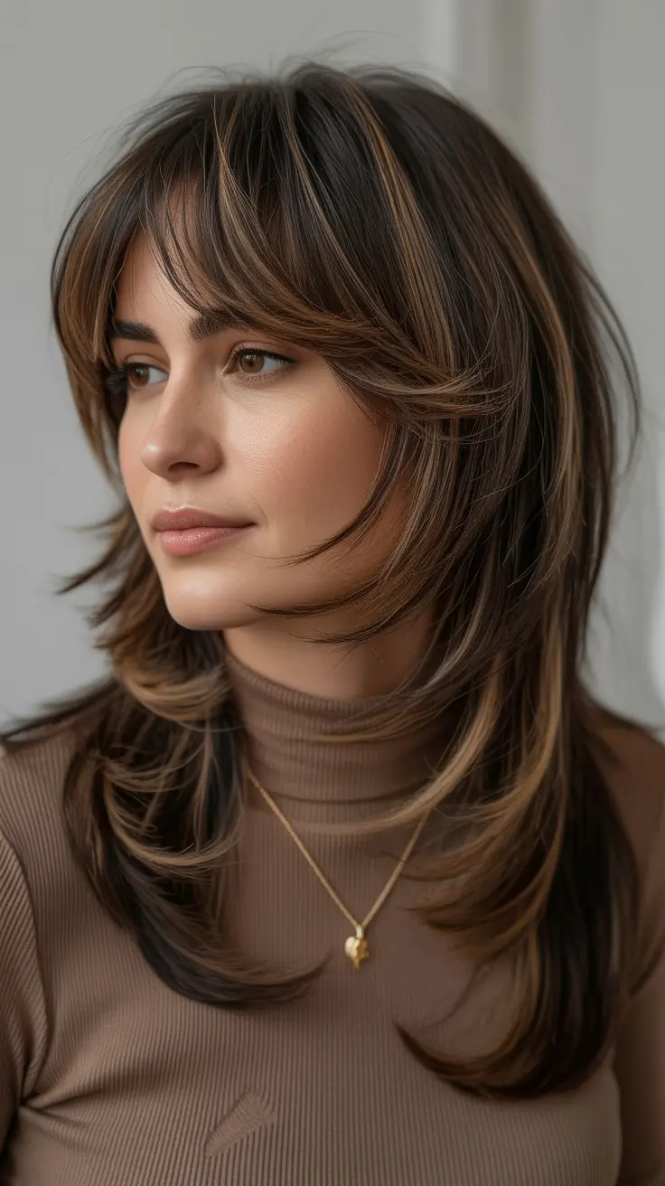 haircut ideas for thin fine hair 2026 Feathered Brunette Layers with Curtain Bangs