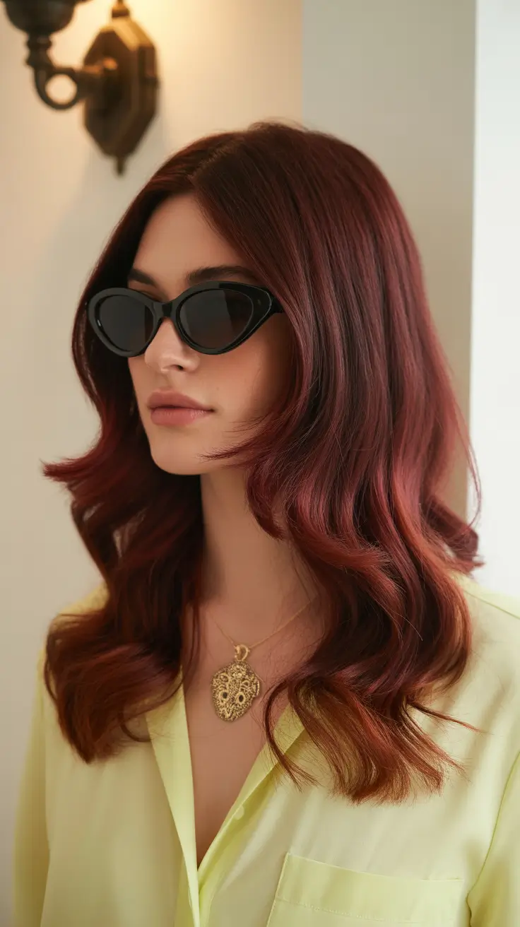 haircut ideas for thin fine hair 2026 Glossy Mahogany Waves with Subtle Layers