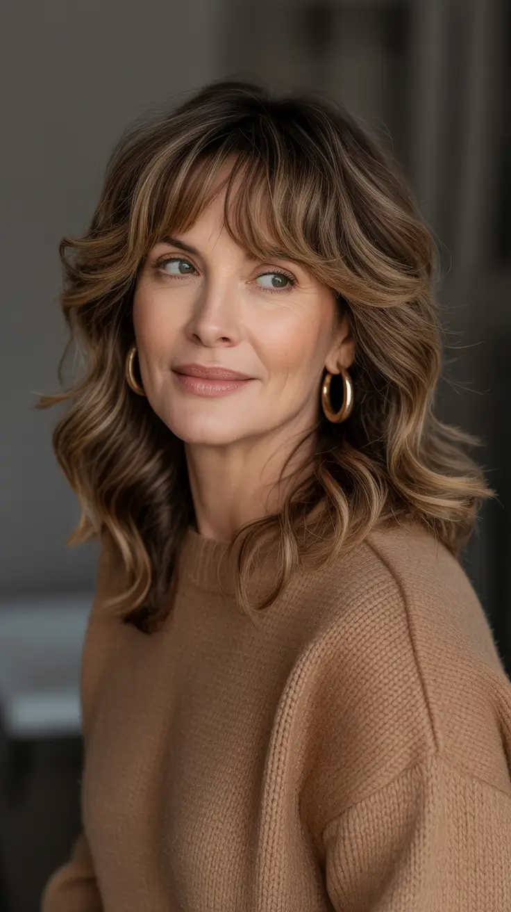 Haircut ideas for women over 40 2026 Soft Layered Shag with Curtain Bangs