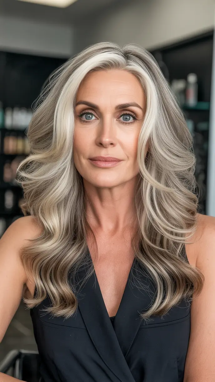Haircut ideas for women over 40 2026 Silver Blonde Waves with Volume