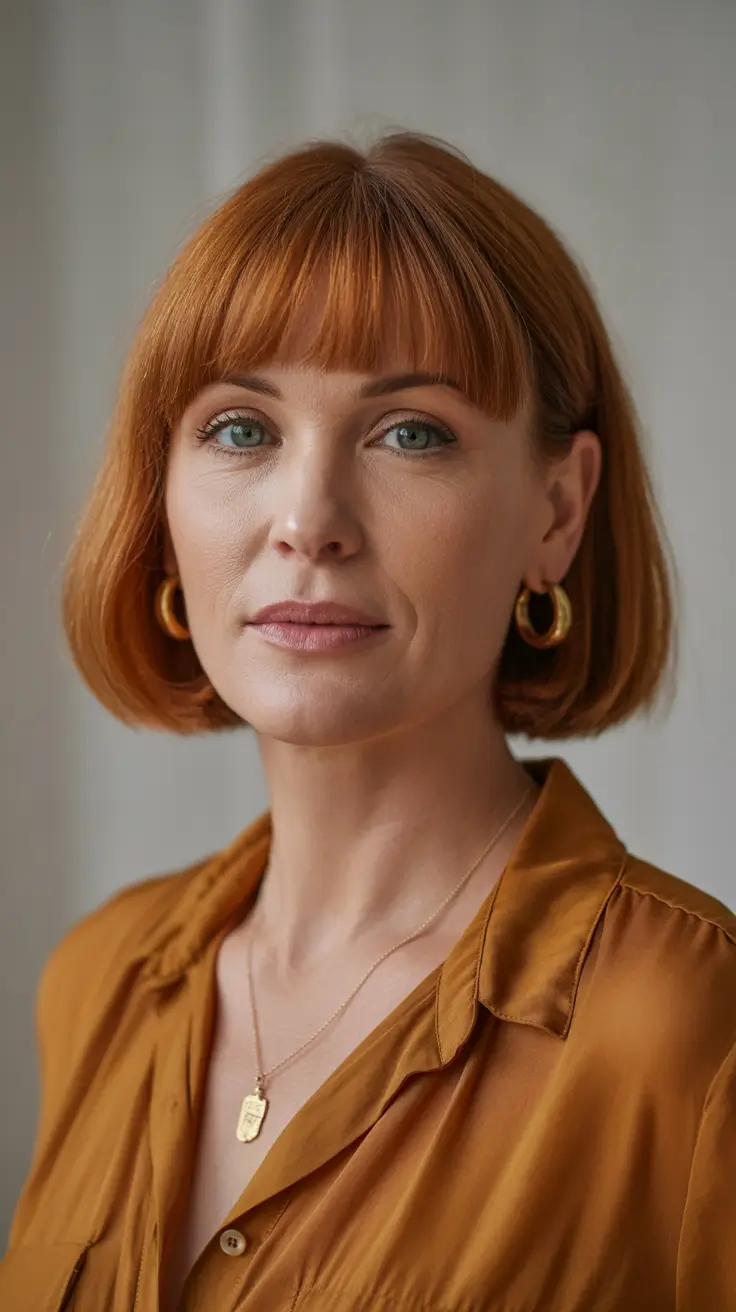 Haircut ideas for women over 40 2026 Classic Copper Bob with Straight Bangs