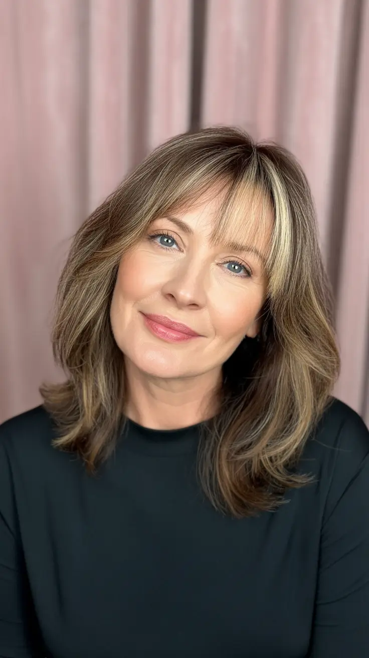 Haircut ideas for women over 40 2026 Soft Shoulder-Length Layers with Feathered Bangs