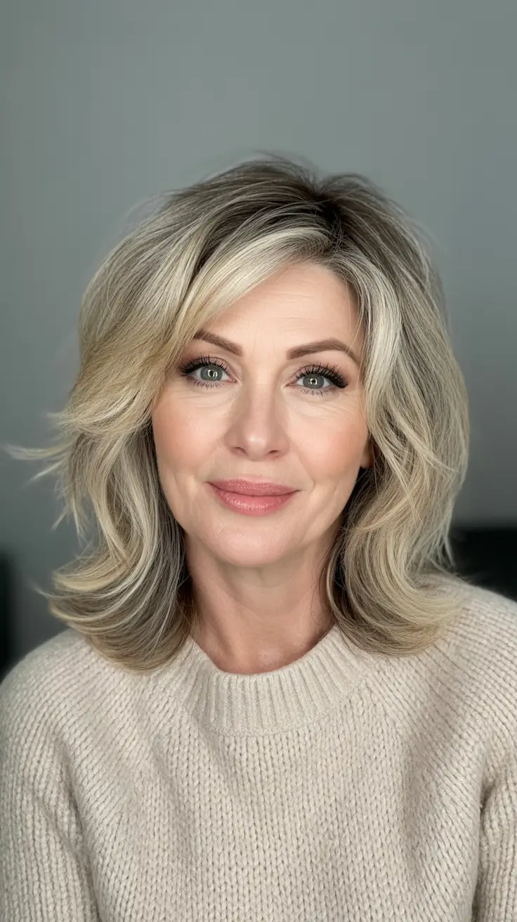 Haircut ideas for women over 40 2026 Voluminous Mid-Length Blonde Layers