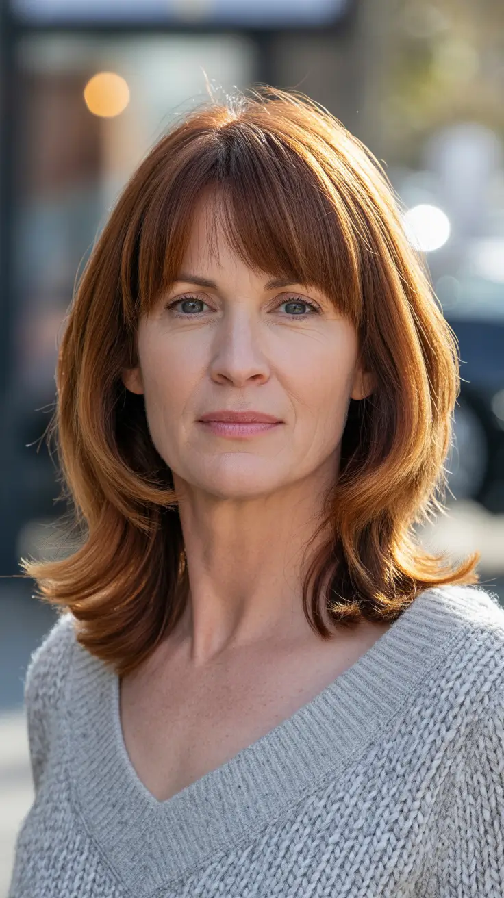 Haircut ideas for women over 40 2026 Warm Auburn Shag with Subtle Bangs