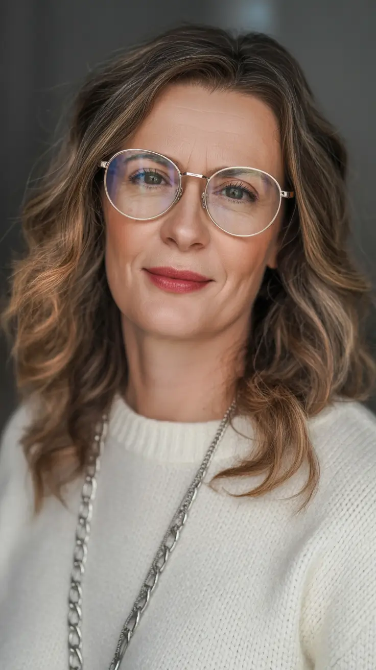 Haircut ideas for women over 40 2026 Textured Mid-Length Waves with Glasses