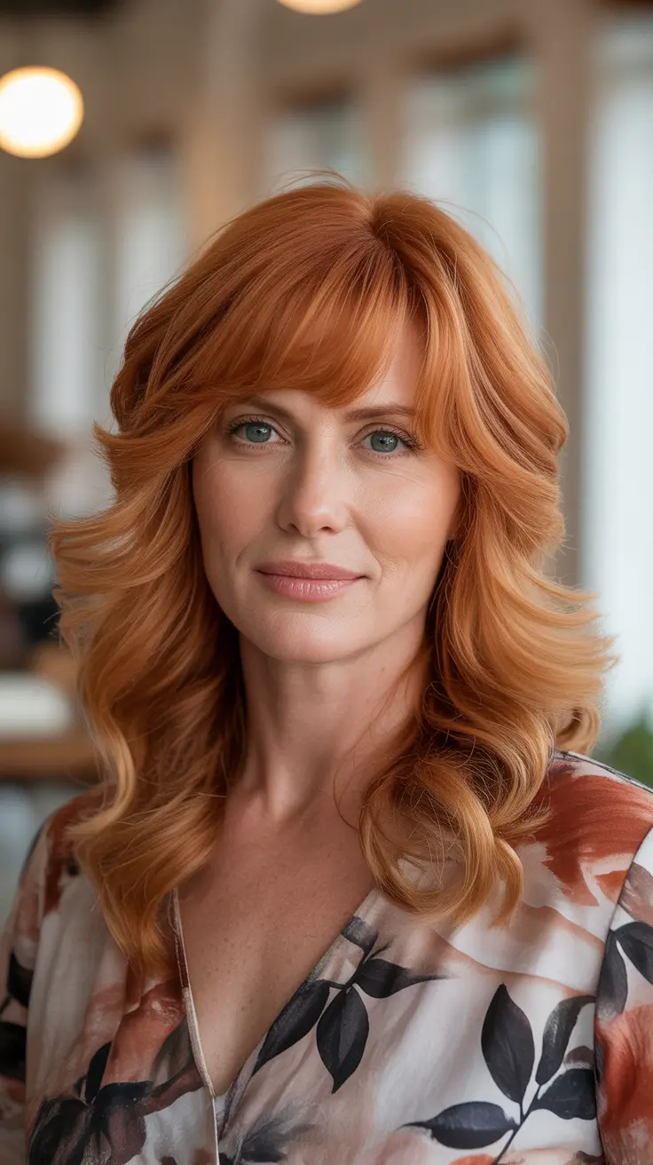 Haircut ideas for women over 40 2026 Copper Butterfly Cut with Bangs