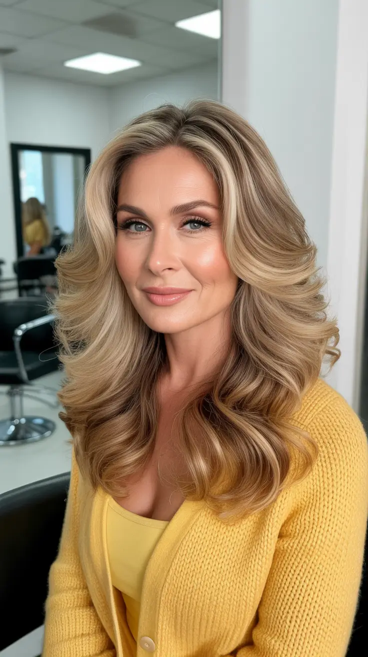 Haircut ideas for women over 40 2026 Voluminous Mid-Length Blonde Blowout