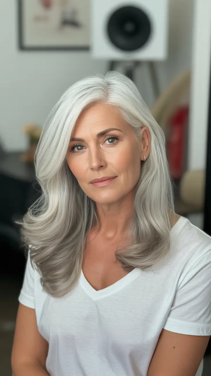 Haircut ideas for women over 40 2026 Sleek Silver Lob with Side Part
