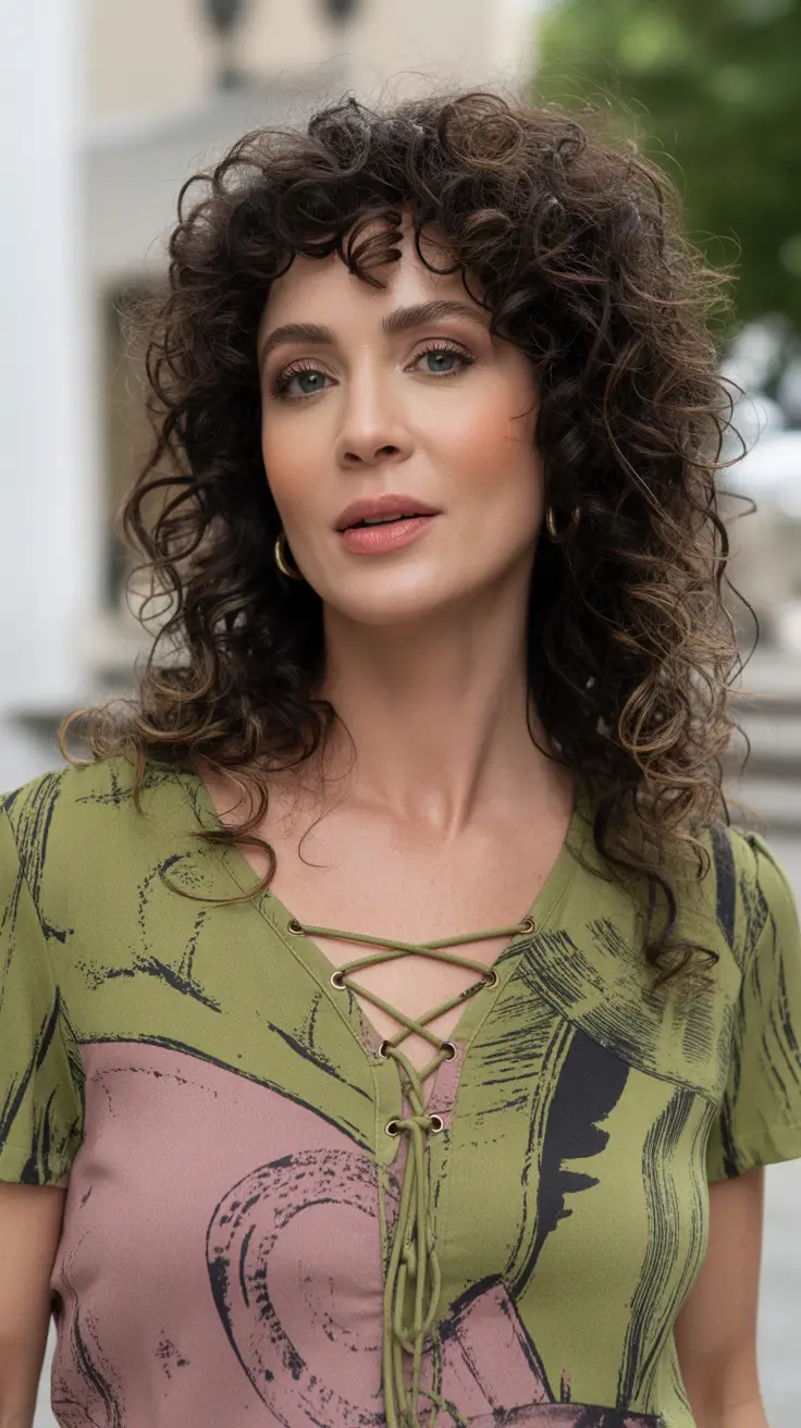 Haircut ideas for women over 40 2026 Curly Shag with Playful Fringe