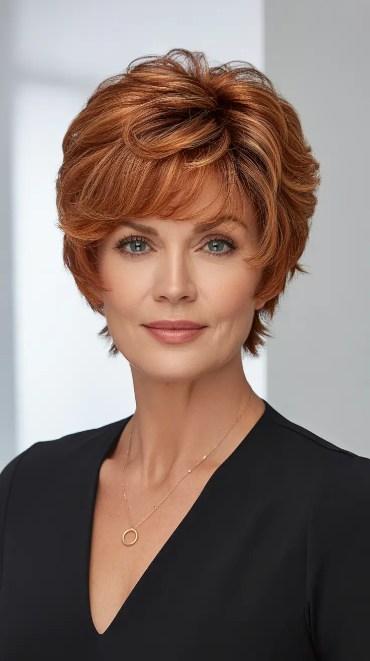 haircuts for women over 50 short shag Warm Copper Shag with Soft Bangs