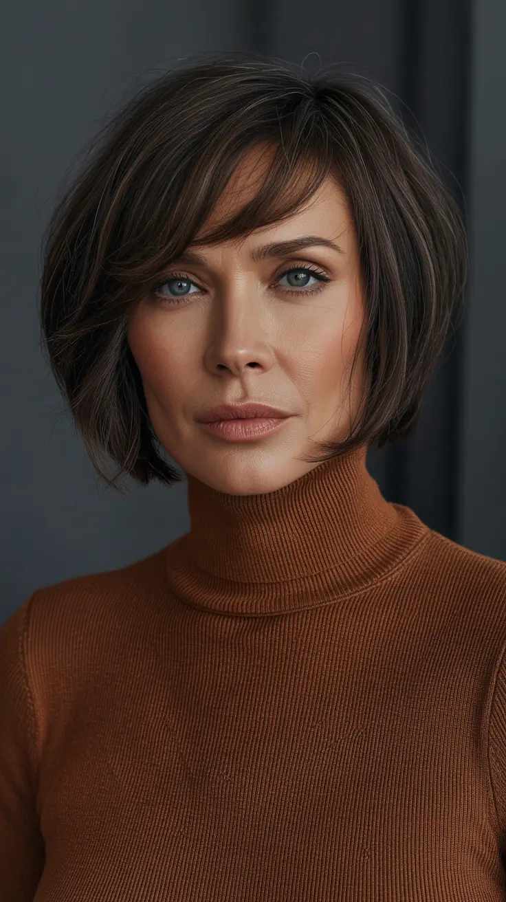 haircuts for women over 50 round face Textured Brunette Bob with Side Bangs