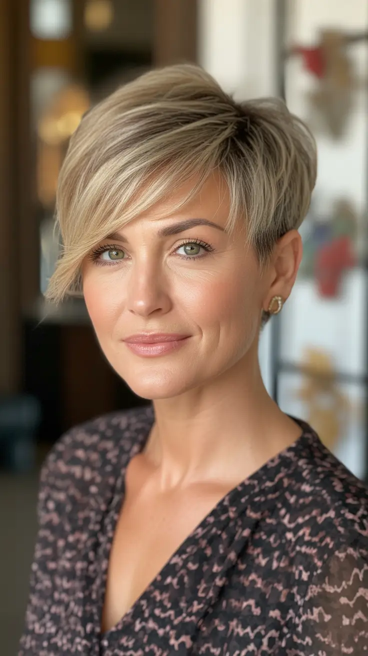 haircuts for women over 50 short pixie Side-Swept Blonde Pixie with Edge