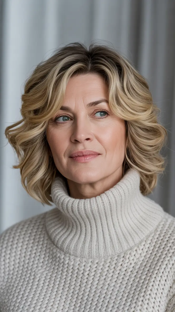 haircuts for women over 50 medium length Layered Blonde Waves with a Fresh Twist