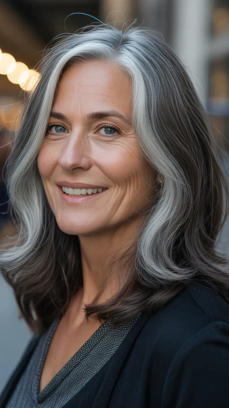 haircuts for women over 50 long hair Silver Balayage with Long Flowing Layers