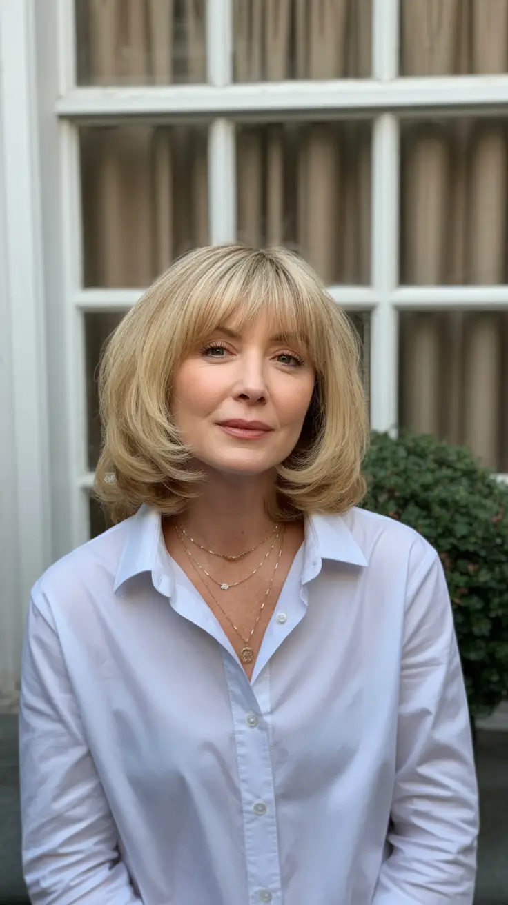 haircut ideas for women over 60 2026 Soft Layered Bob with Curtain Bangs